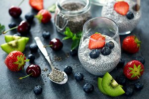 Chia pudding with berries, healthy breakfast, vitamin snack, diet and healthy eating